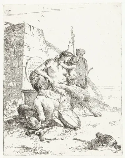 Satyr Family with Musical Instruments Sitting by a Monument