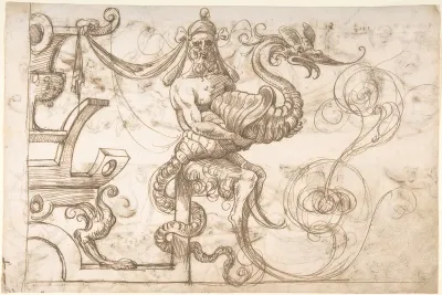 Satyr holding a fantastical creature (recto); Two candelabra grotesques (verso)