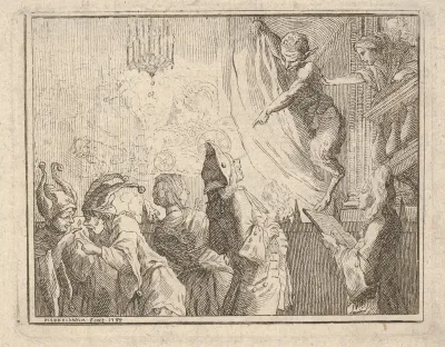 Satyr standing on a stage and pointing downward toward an audience, two jesters gesticulate at lower left