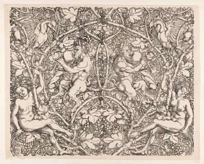 Satyrfamilie tussen wijnranken
