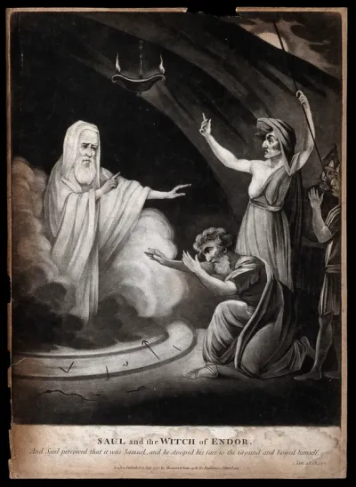 Saul bows to Samuel after the witch of Endor has conjured him from the dead