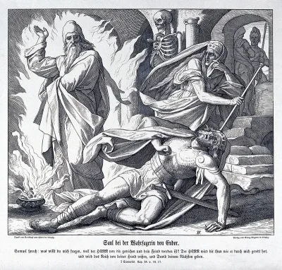 Saul collapses as the witch of Endor conjures Samuel from the dead