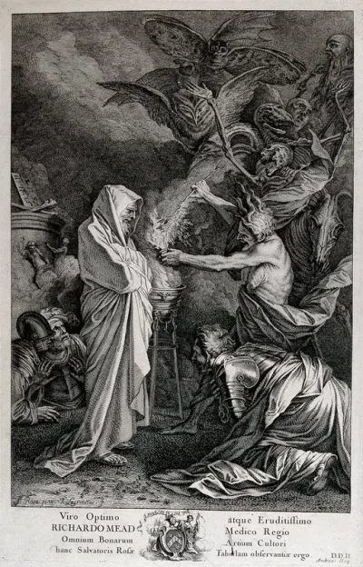 Saul consults Samuel after the witch of Endor has conjured him from the dead; demons crowd the background