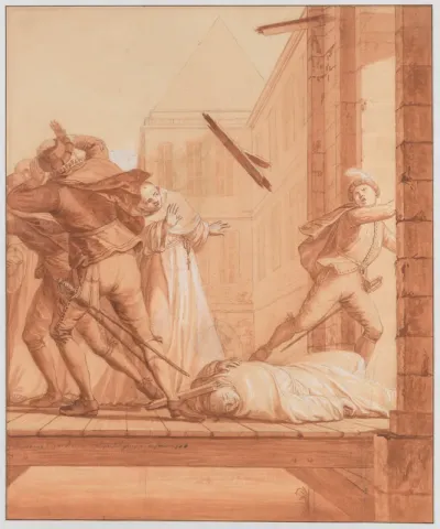 Scene 28: The Blessed Abbot having retired to the Château de Montaigu, soldiers of the league arrive to capture him as he leaves. A piece of wood falls from on high and scatters the soldiers and wounds the Holy Abbot, whom they leave for dead; he is 