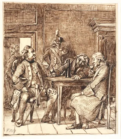 Scene af Barselsstuen. Corfitz drikker rhinskvin med officeren og Jens Olsen