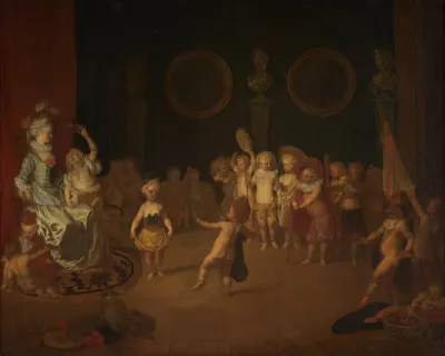 Scène de la comédie italienne jouée par une troupe d'enfants