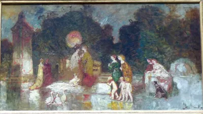 Scene de parc, avec femmes, chien et cygnes
