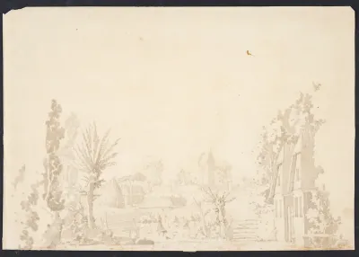 Scene-dekoration til "Høstgildet", Det Kgl. Teater. Gentofte kirke i baggrunden.