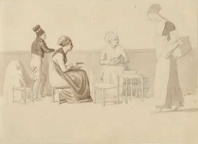 Scene fra en gård eller kaj i Paris. Fire siddende, stående og gående figurer.