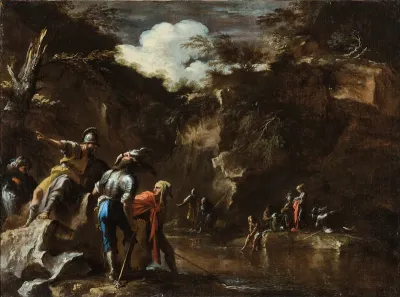 Scene from Greek history: Thales causing the river to flow on both sides of the Lydian army