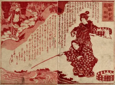 Scene from the fable of Momotaro (Peach child): the woodcutter's wife finds the peach in the river