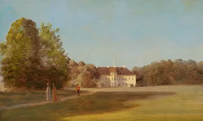 Scene from the park in front of Bernstorff Castle with two ladies followed by a lackey.