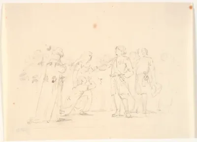 Scene med fem figurer og rids af andre i baggrunden