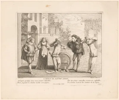 Scène met figuren uit de Commedia dell'arte met Harlekijn bij een wijnvat