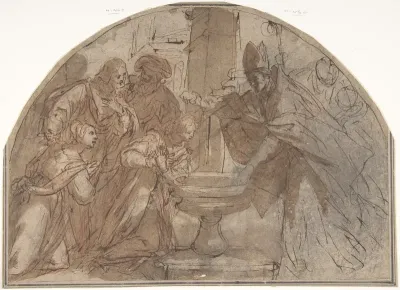 Scene of a Baptism of a Woman by a Bishop with Onlookers