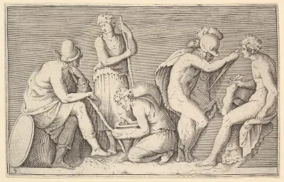 Scene of Sacrifice with Warrior Killing Ram and Four Other Figures, from "Ex Antiquis Cameorum et Gemmae Delineata/ Liber Secundus/et ab Enea Vico Parmen Incis"