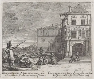 Scene showing the construction of a building