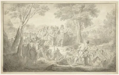 Scène uit de antieke geschiedenis: een man gooit een steen naar een romeinse veldheer