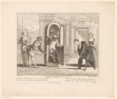 Scène uit de Commedia dell'arte met Harlekijn op een draagstoel