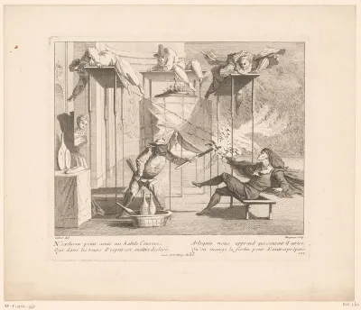 Scène uit de Commedia dell'arte met Harlekijn, Pierrot, Pulcinello en Mezzetino