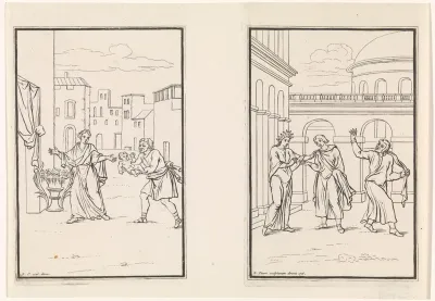 Scène uit de komedie Andria en scène uit de komedie Eunuchus van Terentius