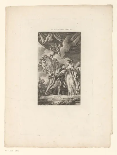 Scène uit een gedicht met een koppel omgeven door putti met een schild