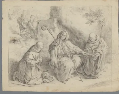 Scène uit het leven van een heilige met drie monniken, een bisschop en twee mannen
