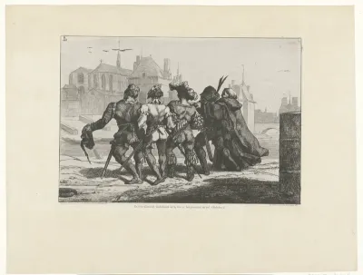 Scène uit Pantagruel van Rabelais waarin vijf mannen, Ponocrates, Panurge, Epistémon, Gymnaste en Frère Jean, larm in arm lopen in Parijs