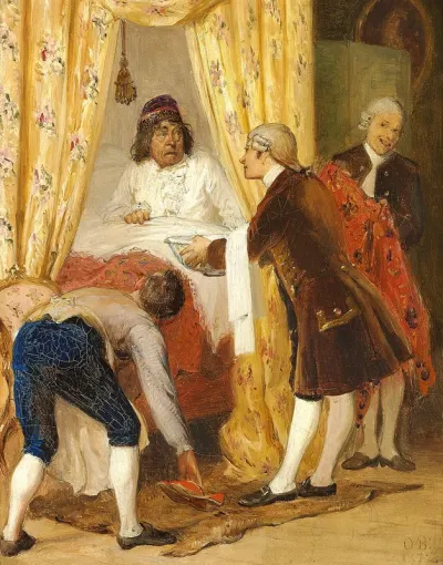 Scenery from Holberg's comedy “Jeppe på Bjerget”: Jeppe in the Baron's bed.