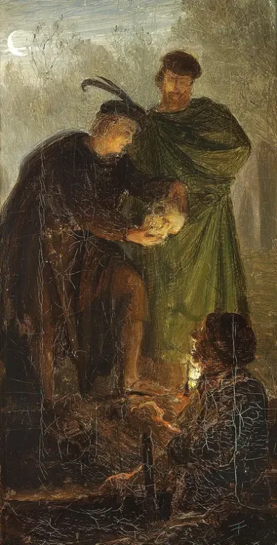 Scenery from Shakespeare's Hamlet. Rosenkrantz and Gyldenstjerne talking to the gravedigger