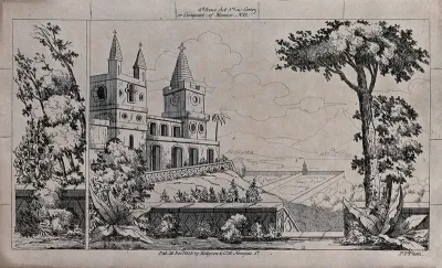 Scenery to be used in a toy theatre: a church and gardens overlooking mountains in Mexico