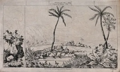 Scenery to be used in a toy theatre: a landscape with a lake, palm trees and a hut with a pathway leading to it