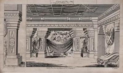 Scenery to be used in a toy theatre: a large room with decorated columns and statues