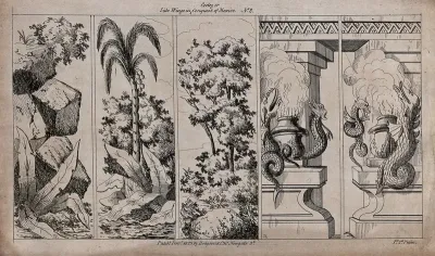 Scenery to be used in a toy theatre: a rocky overhang, a palm tree and vegetation, trees and bushes and a ceremonial fire casket decorated with dragons