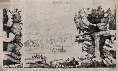 Scenery to be used in a toy theatre: a rocky overhang with a water fall looks out over the water towards a a mountainous area