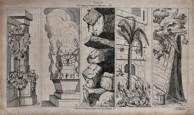 Scenery to be used in a toy theatre: garlanded pillars, ceremonial fire, a rocky overhang, a palm tree and a cloth forming a tent with a drum and spear nearby
