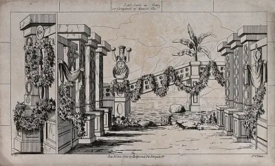 Scenery to be used in a toy theatre:: pillars and steps forming a bridge over the water are garlanded with flowers in Mexico