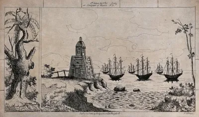 Scenery to be used in a toy theatre: ships sailing on the sea near a coast, with a wooden building and palm trees on it