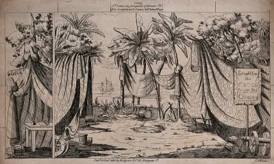 Scenery to be used in a toy theatre: the camp of Cortez in Mexico