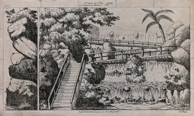 Scenery to be used in a toy theatre: wooden steps and a bridge have been built up over the river