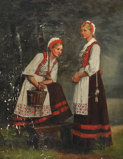 Scenery with two young women in folk costumes.