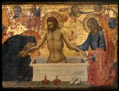 Scènes de la Vie du Christ : Christ au sépulcre entre la Vierge et saint Jean.