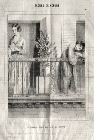 Scènes de moeurs:  Un quatrieme étage rue N. D. de Lorette.  Je crois qu'elle lit ma lettre...à moins que c'en soit une autre.  Elle en avait neuf chez le portier