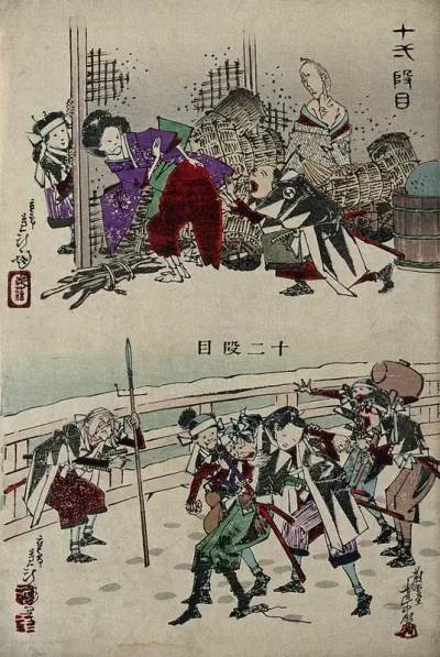 Scenes eleven and twelve from the favourite kabuki play, 'The treasury of loyal retainers'