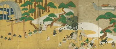 Scenes from Sekiya (The Barrier Gate) and Miotsukushi (Channel Markers) chapters of The Tale of Genji