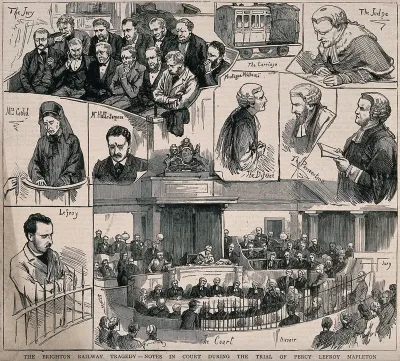 Scenes in the trial of Percy Lefroy Mapleton at Maidstone Assizes for murder of Isaac Gold on the London-Brighton railway