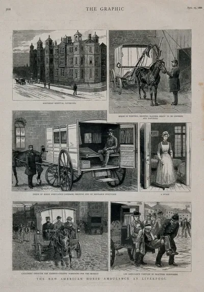 Scenes showing an American style horse ambulance at work in Liverpool, England