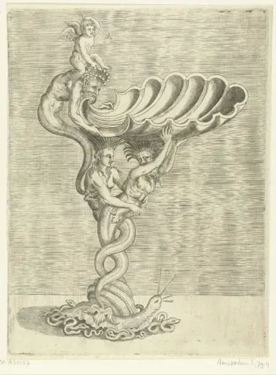 Schaal in de vorm van een schelp, gedragen door een zeemeermin en een zeemeerman