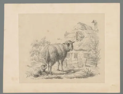 Schaap en lam voor een boerderij