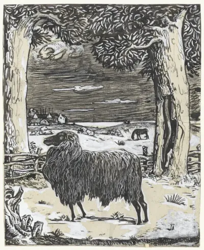 Schaap in een landschap met twee bomen